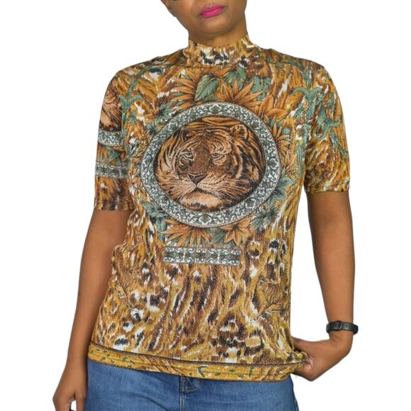 Vintage Lion Portrait Shirt Brown Baroque Jungle Top Shimmer Sheer Knit Small - Picture 4 of 15
